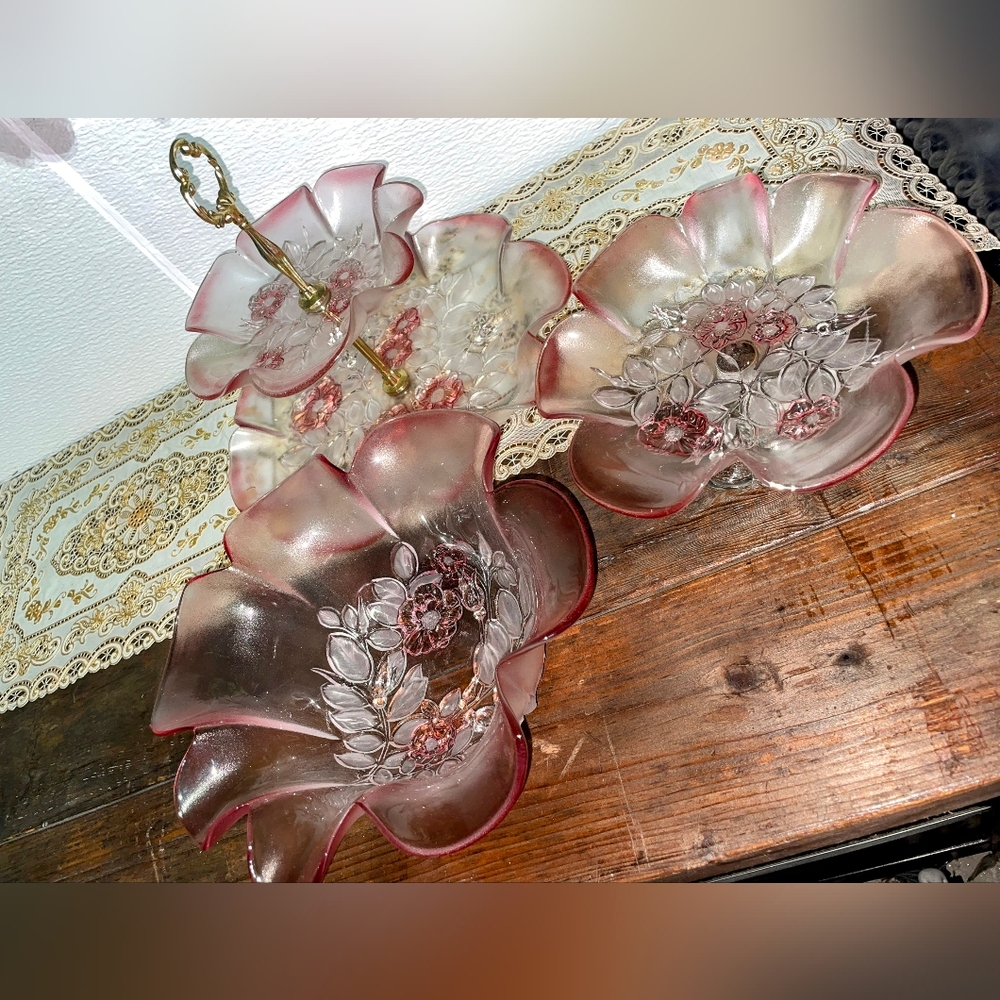 Vintage Mikasa Rosella Mauve Frosted Glass Serving Set FLAW* colored glass